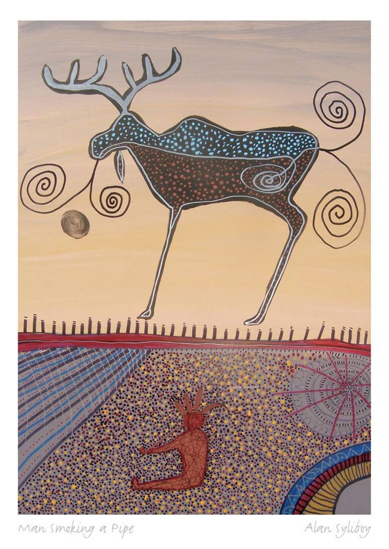 Homme fumant la pipe par Alan Syliboy, carte d'art autochtone, carte d'art encadrée, artiste mi'kmaq