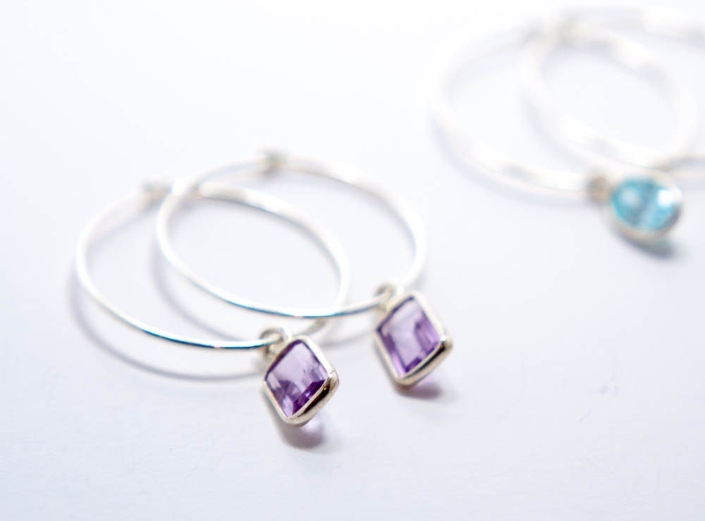Boucles d'oreilles créoles en argent sterling, boucles d'oreilles en améthyste violette, cadeau