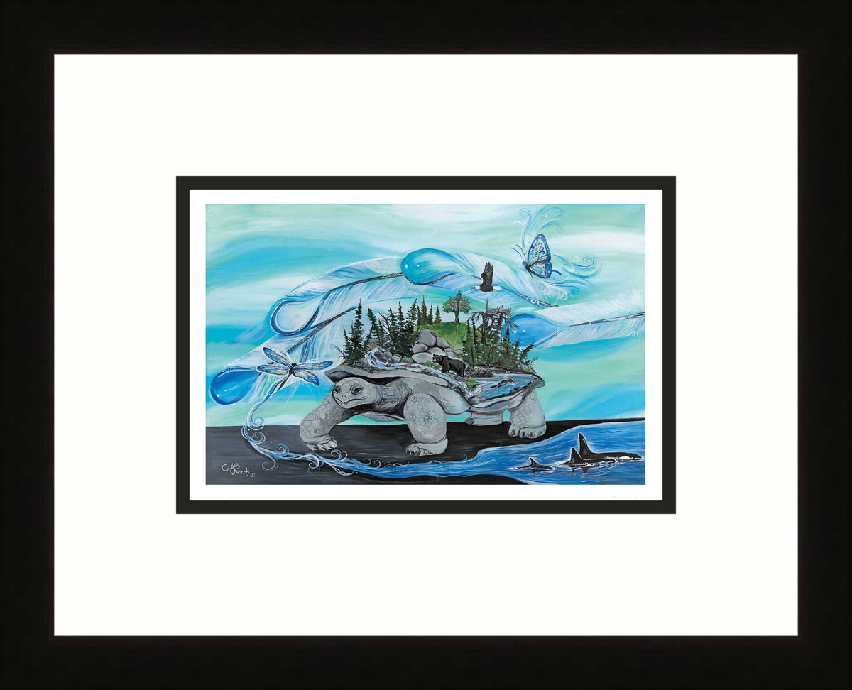 Turtle Island par Carla Joseph, estampe d'art autochtone, Premières Nations, Amérindiens, Cris, Métis, œuvre encadrée