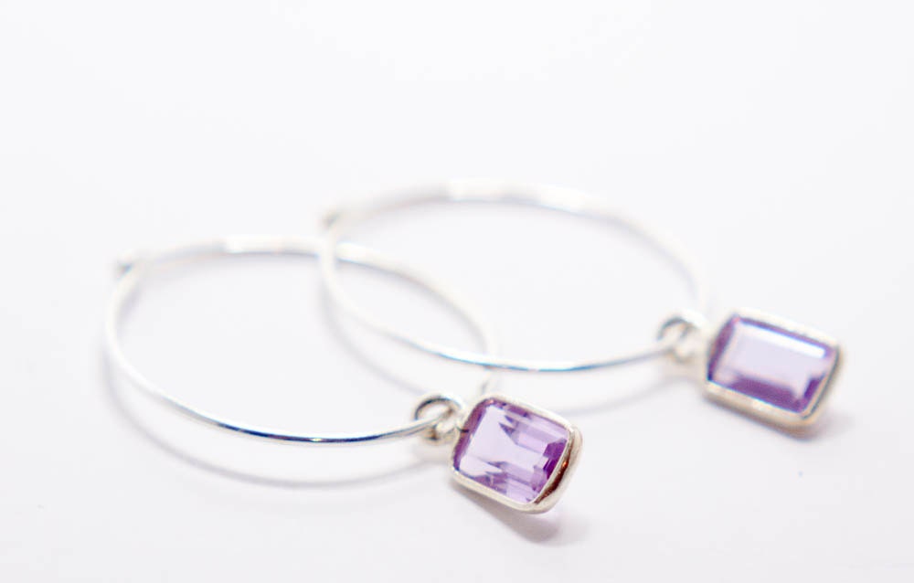 Boucles d'oreilles créoles en argent sterling, boucles d'oreilles en améthyste violette, cadeau