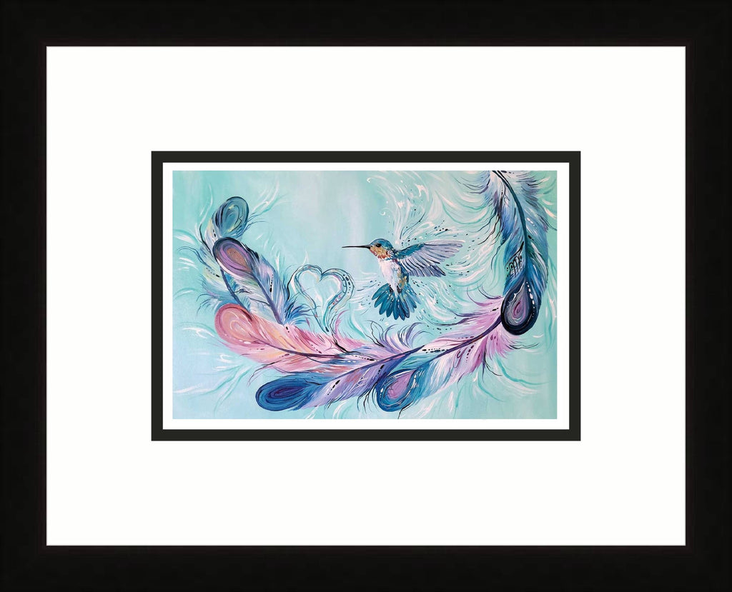 Plumes de colibri par Carla Joseph, impression d'art autochtone, Premières Nations, Amérindiens, Cri, Métis, œuvre d'art encadrée