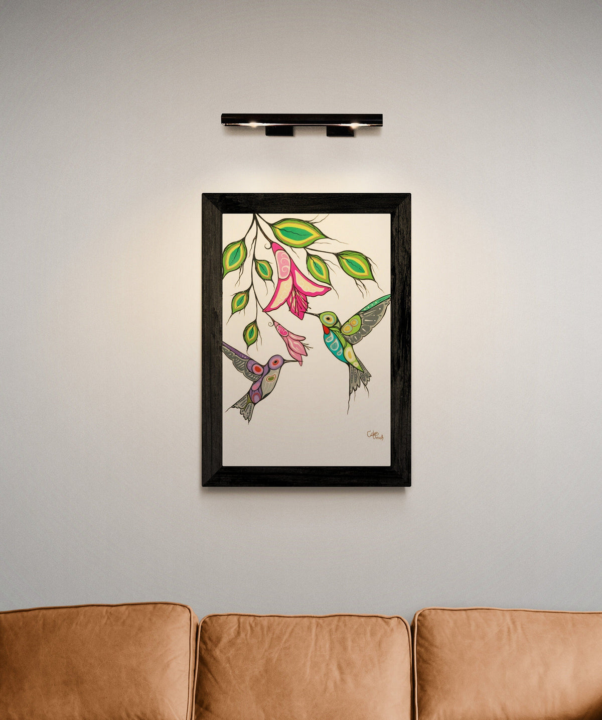 Colibris cris par Carla Joseph, reproduction d'art autochtone, Premières Nations, Amérindiens, Cris, Métis, œuvre encadrée