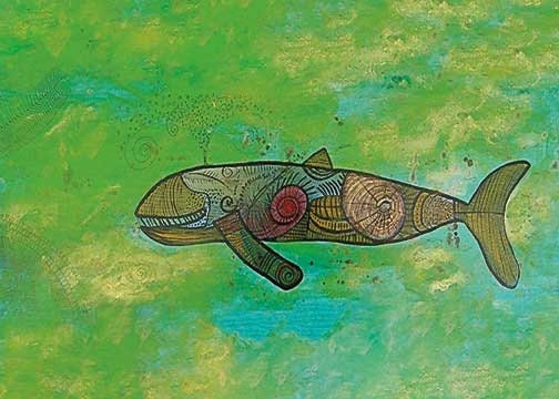 Baleine à bosse dans l'eau verte par Alan Syliboy, carte d'art autochtone, carte d'art encadrée, artiste mi'kmaq