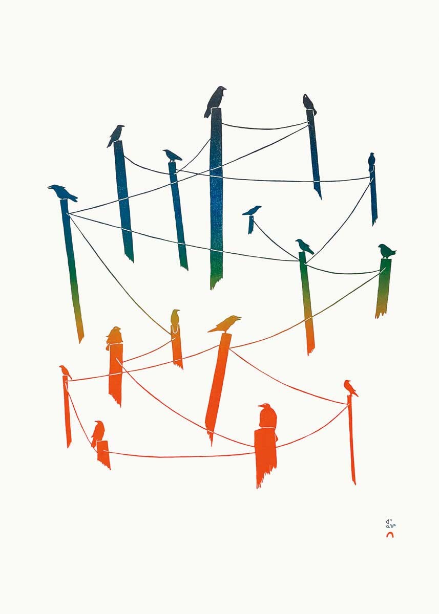 Corbeaux de la ville par Arnaqu Ashevak, carte d'art autochtone, carte d'art inuit encadrée