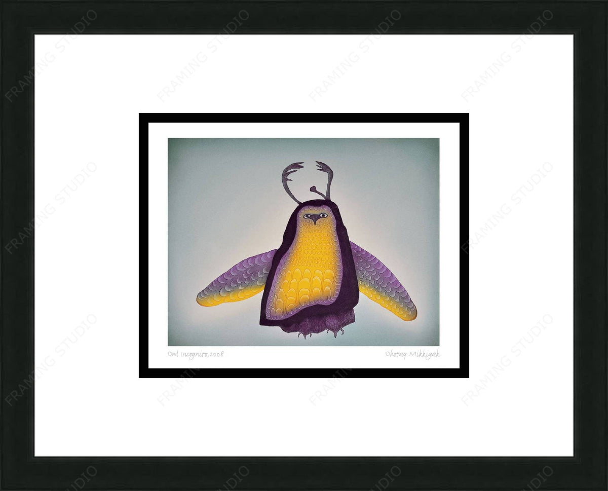 Hibou incognito, 2008 par Ohotaq Mikkigak, carte d'art inuit, carte d'art encadrée