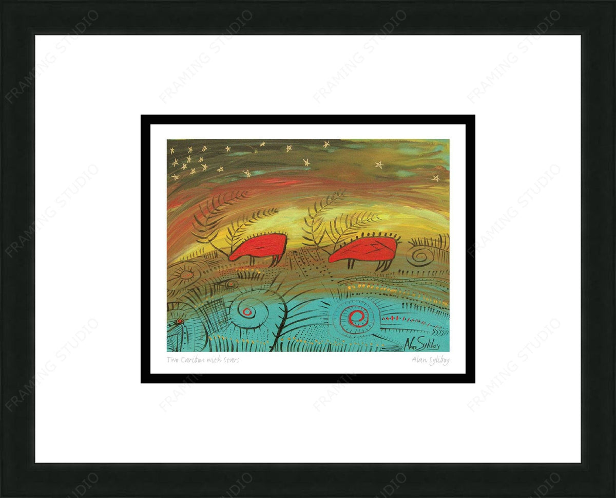 Deux caribous avec des étoiles par Alan Syliboy, carte d'art autochtone, carte d'art encadrée, artiste Mi'kmaq