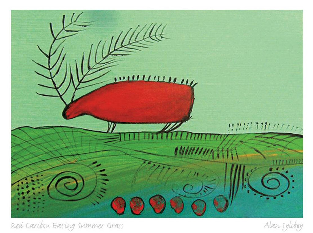 Caribou rouge broutant l'herbe d'été par Alan Syliboy, carte d'art autochtone, carte d'art encadrée, artiste mi'kmaq
