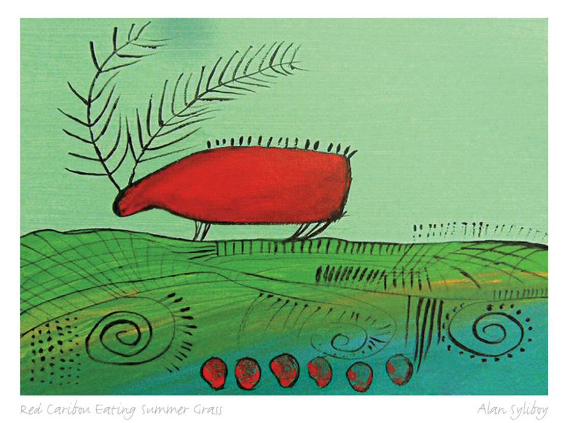 Caribou rouge broutant l'herbe d'été par Alan Syliboy, carte d'art autochtone, carte d'art encadrée, artiste mi'kmaq