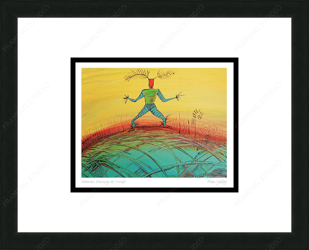 Chaman dansant au coucher du soleil par Alan Syliboy, carte d'art autochtone, carte d'art encadrée, artiste mi'kmaq