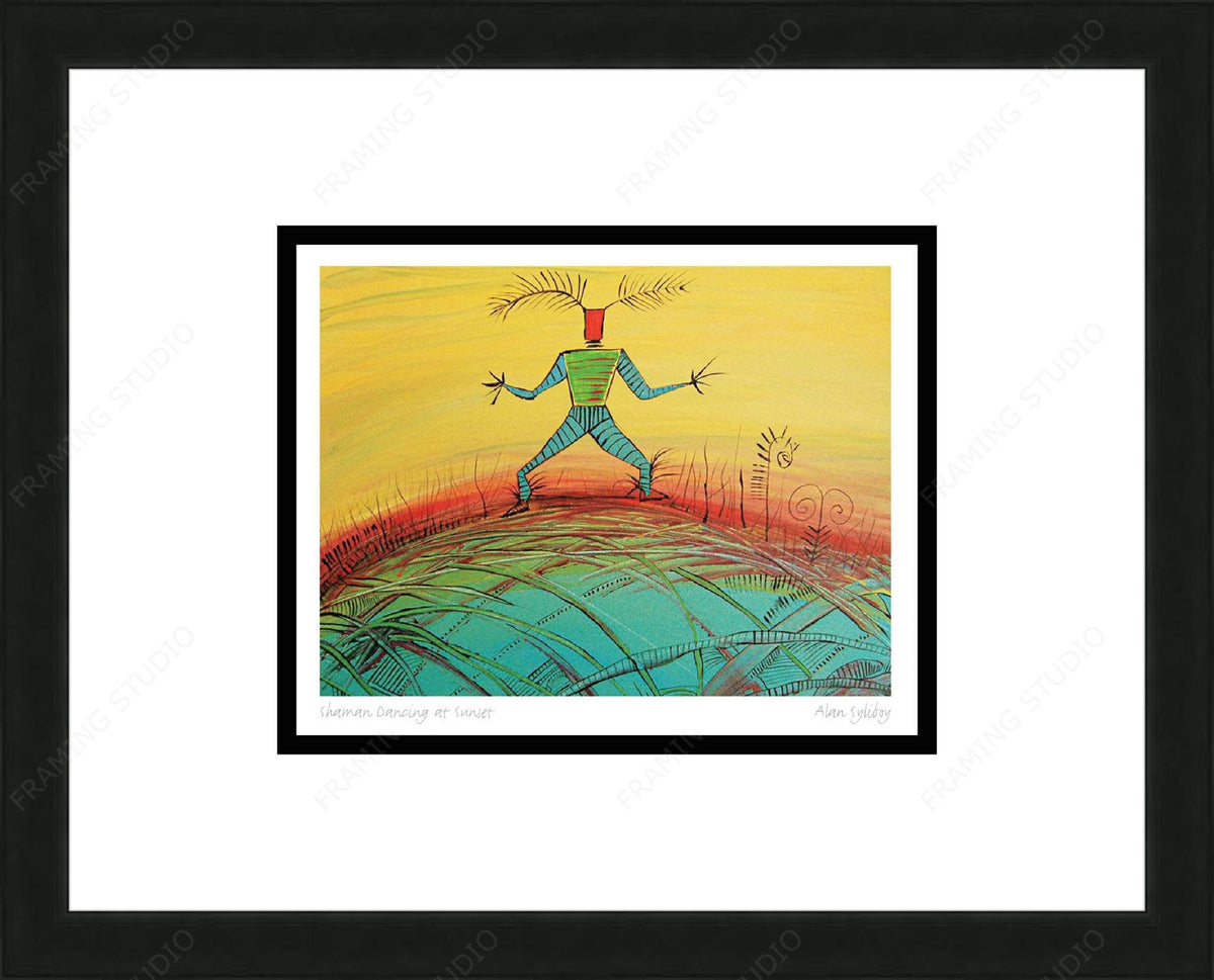 Chaman dansant au coucher du soleil par Alan Syliboy, carte d'art autochtone, carte d'art encadrée, artiste mi'kmaq