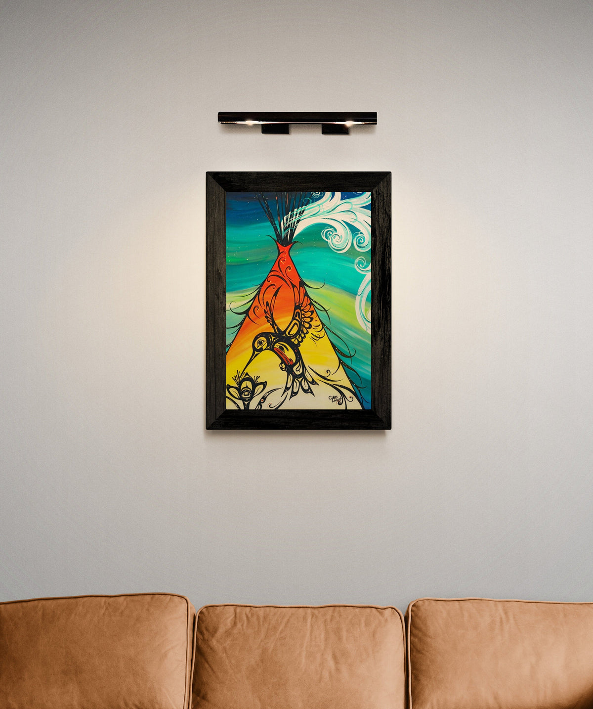 Colibri et tipi par Carla Joseph, gravure d'art autochtone, Premières Nations, Amérindiens, art encadré