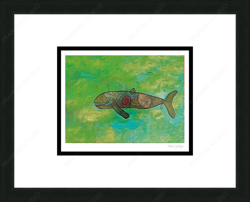Baleine à bosse dans l'eau verte par Alan Syliboy, carte d'art autochtone, carte d'art encadrée, artiste mi'kmaq