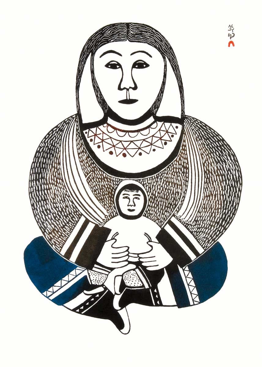 Mère et enfant par Pauojoungi Saggiak, carte d'art autochtone, carte d'art inuit encadrée