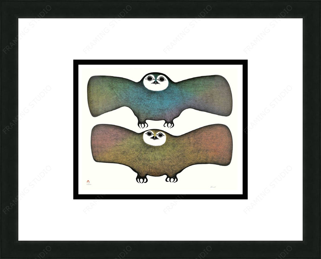 Owls Of The Night, 1990l by Pitaloosie Saila, Inuit Art Card, Framed Art Card