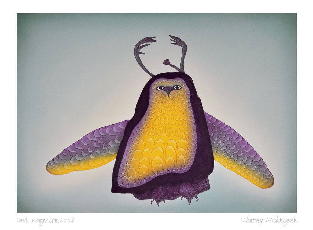 Hibou incognito, 2008 par Ohotaq Mikkigak, carte d'art inuit, carte d'art encadrée