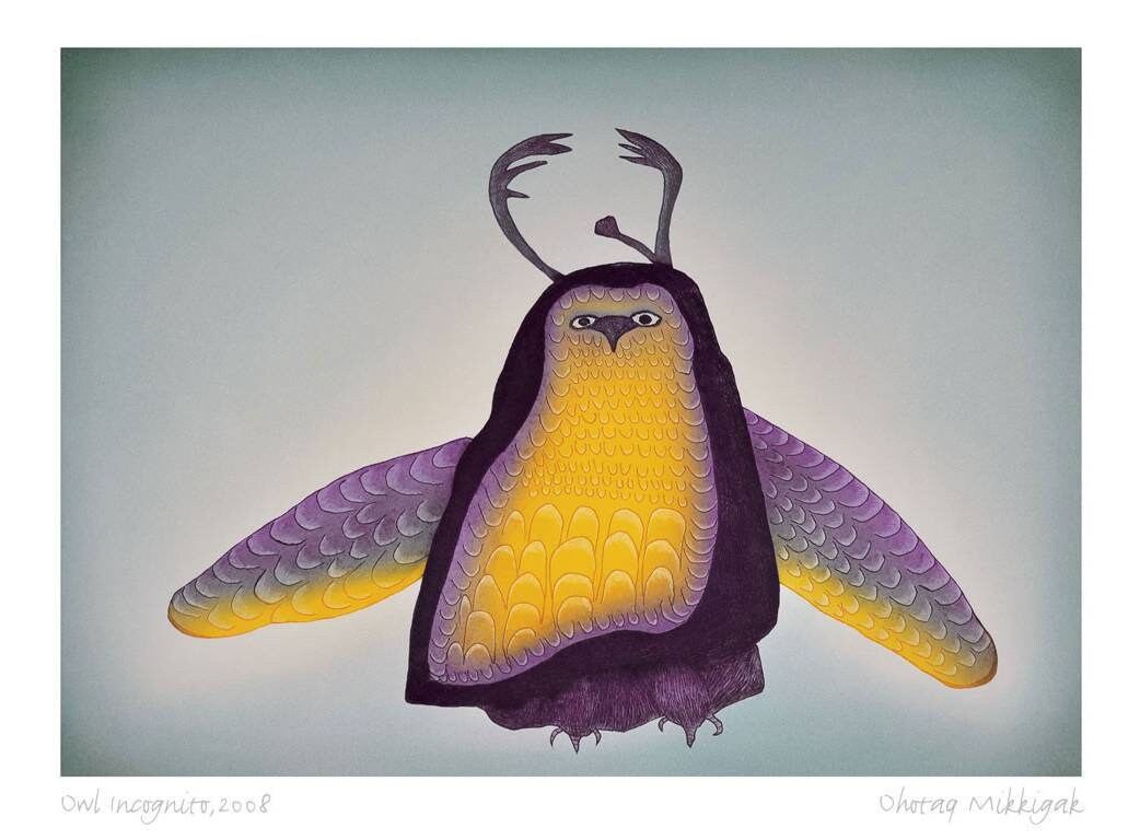 Hibou incognito, 2008 par Ohotaq Mikkigak, carte d'art inuit, carte d'art encadrée