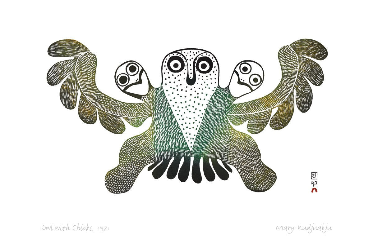 Owl With Chicks, 1971 par Mary Kudjuakju (1908 - 1982), carte d'art inuit, carte d'art encadrée