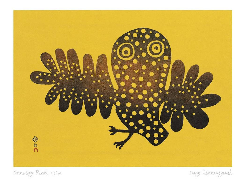 Oiseau dansant, 1967 par Lucy Qinnuayuak, carte d'art inuit, carte d'art encadrée