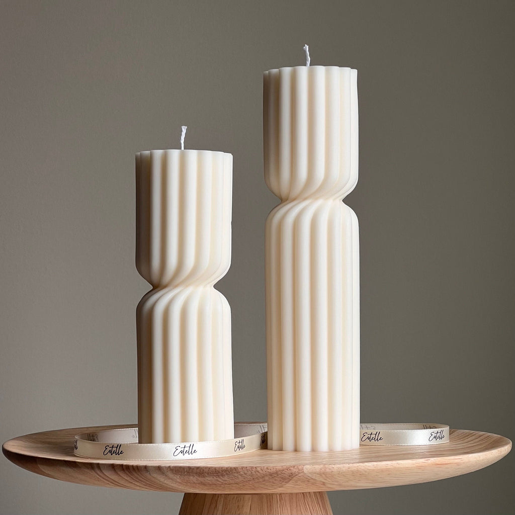 Ribbed Hourglass Soy Pillar Candle: Sculptural Table Decor
