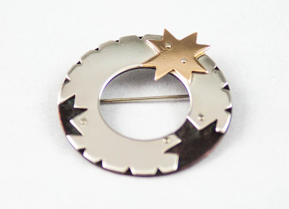 Broche étoile et lune en or 10 carats, broche cercle en argent sterling, broche Art déco, épingle châle en argent