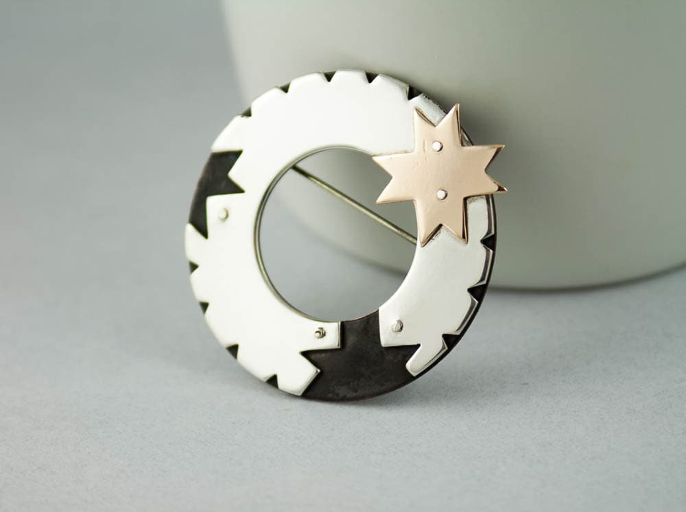 Broche étoile et lune en or 10 carats, broche cercle en argent sterling, broche Art déco, épingle châle en argent