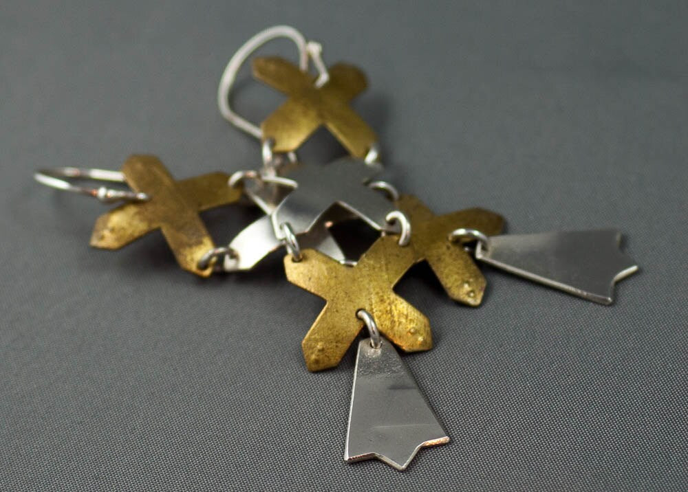 Boucles d'oreilles en argent X, boucles d'oreilles croix en argent et or, boucles d'oreilles 3 baisers, bijoux lettons, boucles d'oreilles tendance,