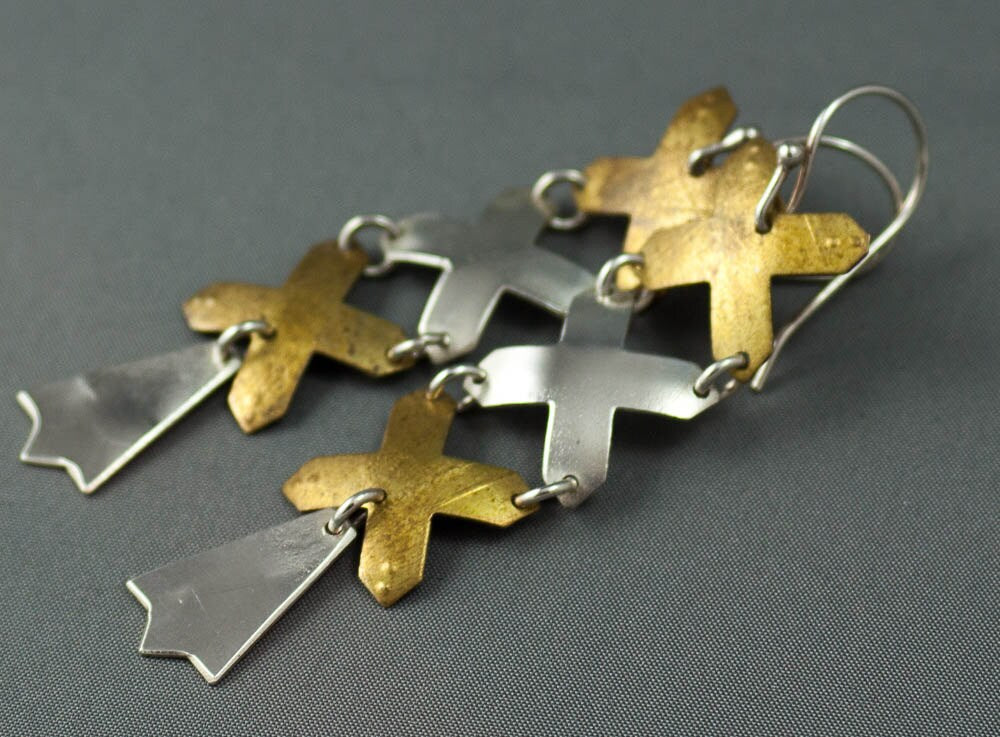 Boucles d'oreilles en argent X, boucles d'oreilles croix en argent et or, boucles d'oreilles 3 baisers, bijoux lettons, boucles d'oreilles tendance,