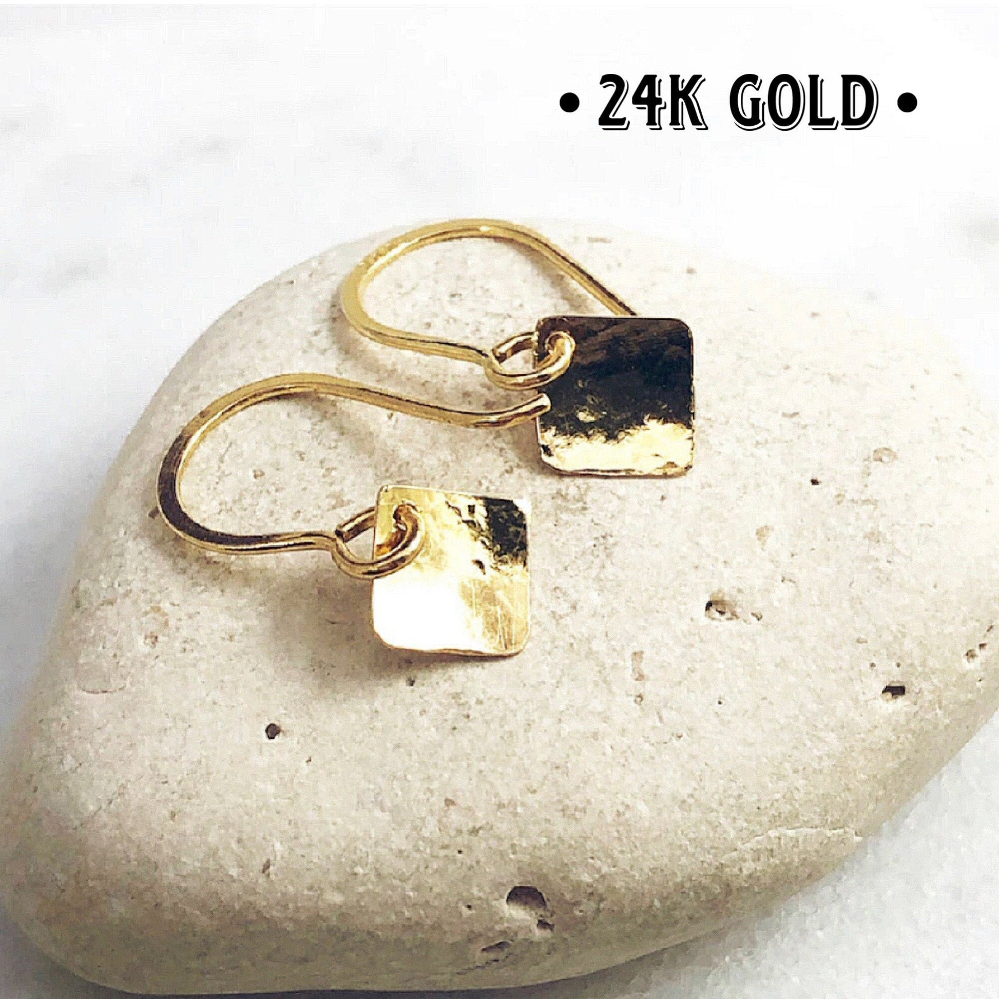 24K Gold Hammered Square Earrings: Minimalist Geometric Artisan Jewelry