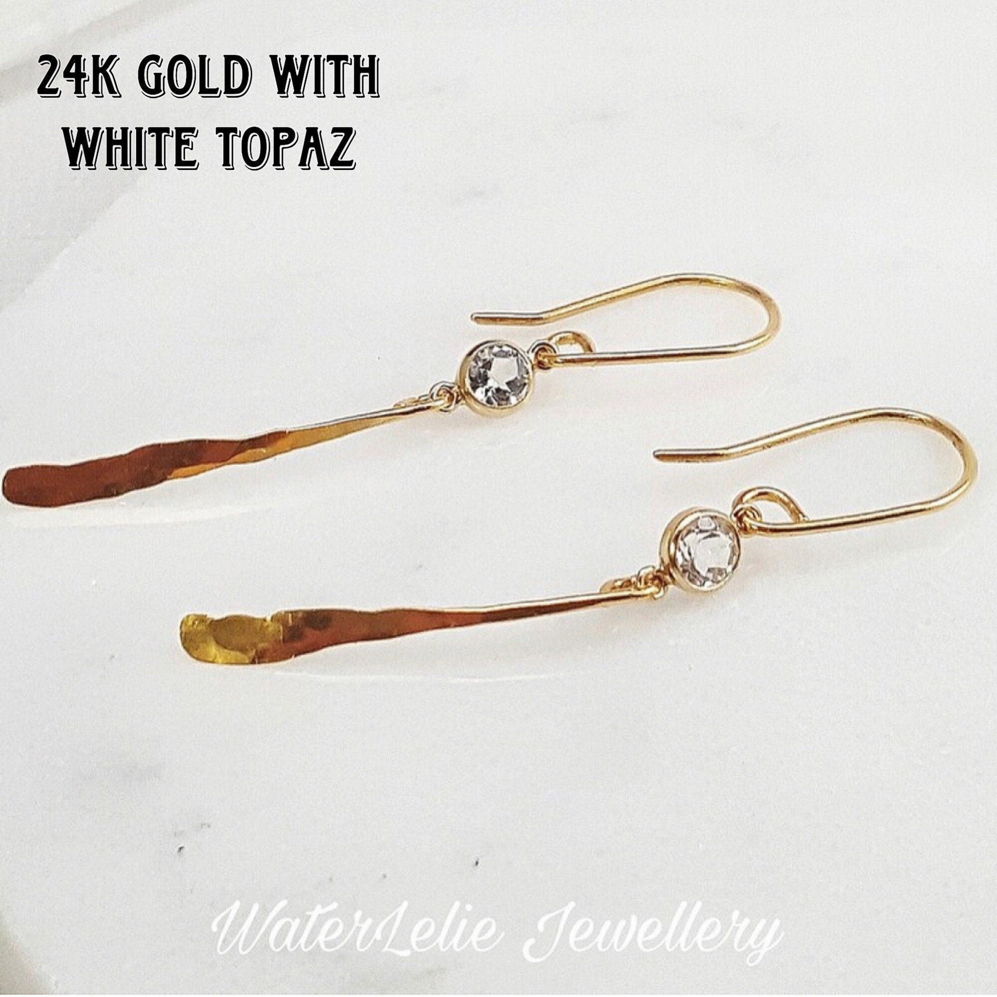24k Gold Dangle Earrings: Hammered Artisan Jewelry with White Topaz