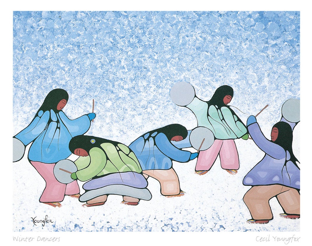 Danseurs d'hiver par Cecil Youngfox, carte d'art encadrée, art autochtone
