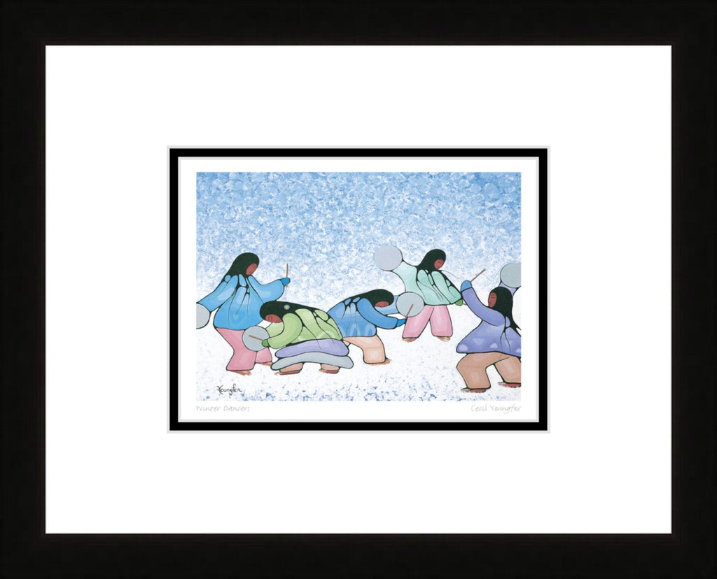 Danseurs d'hiver par Cecil Youngfox, carte d'art encadrée, art autochtone