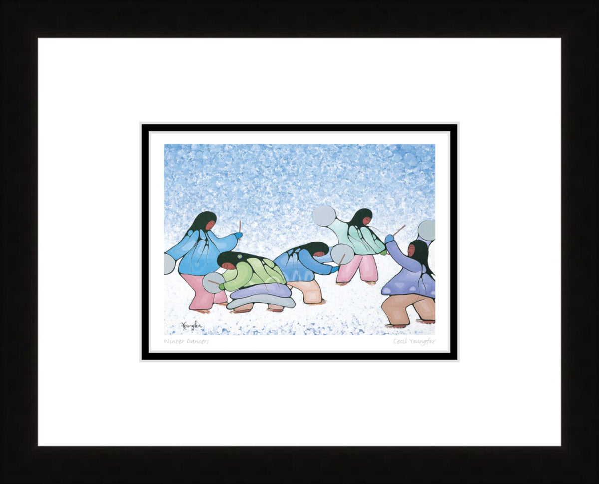 Danseurs d'hiver par Cecil Youngfox, carte d'art encadrée, art autochtone
