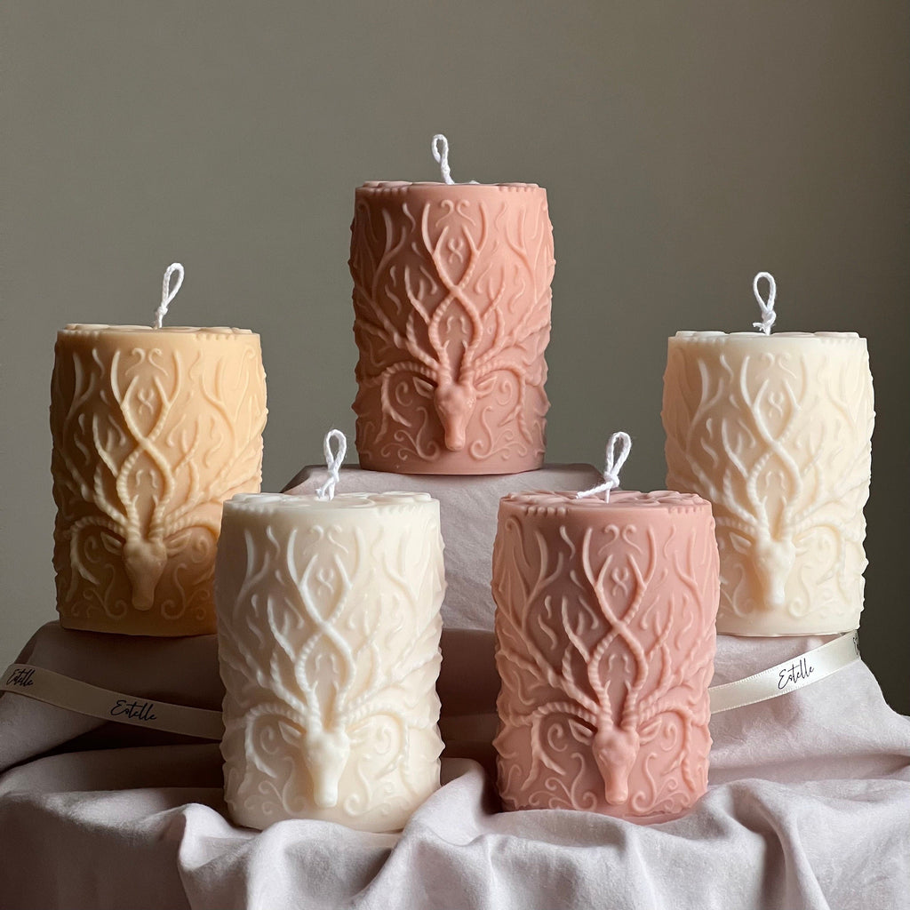 Handmade Deer Pillar Candle: Soy Wax Sculptural Home Decor