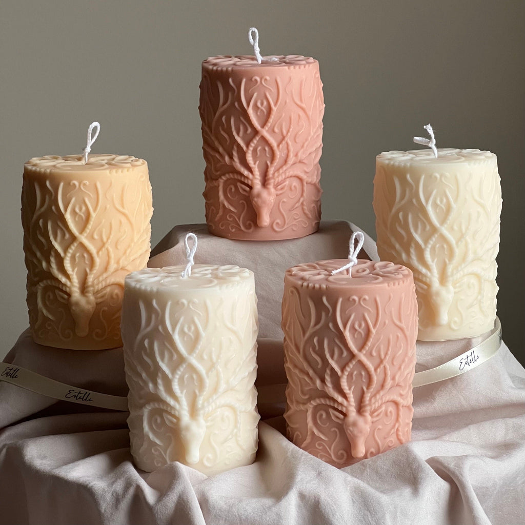 Handmade Deer Pillar Candle: Soy Wax Sculptural Home Decor