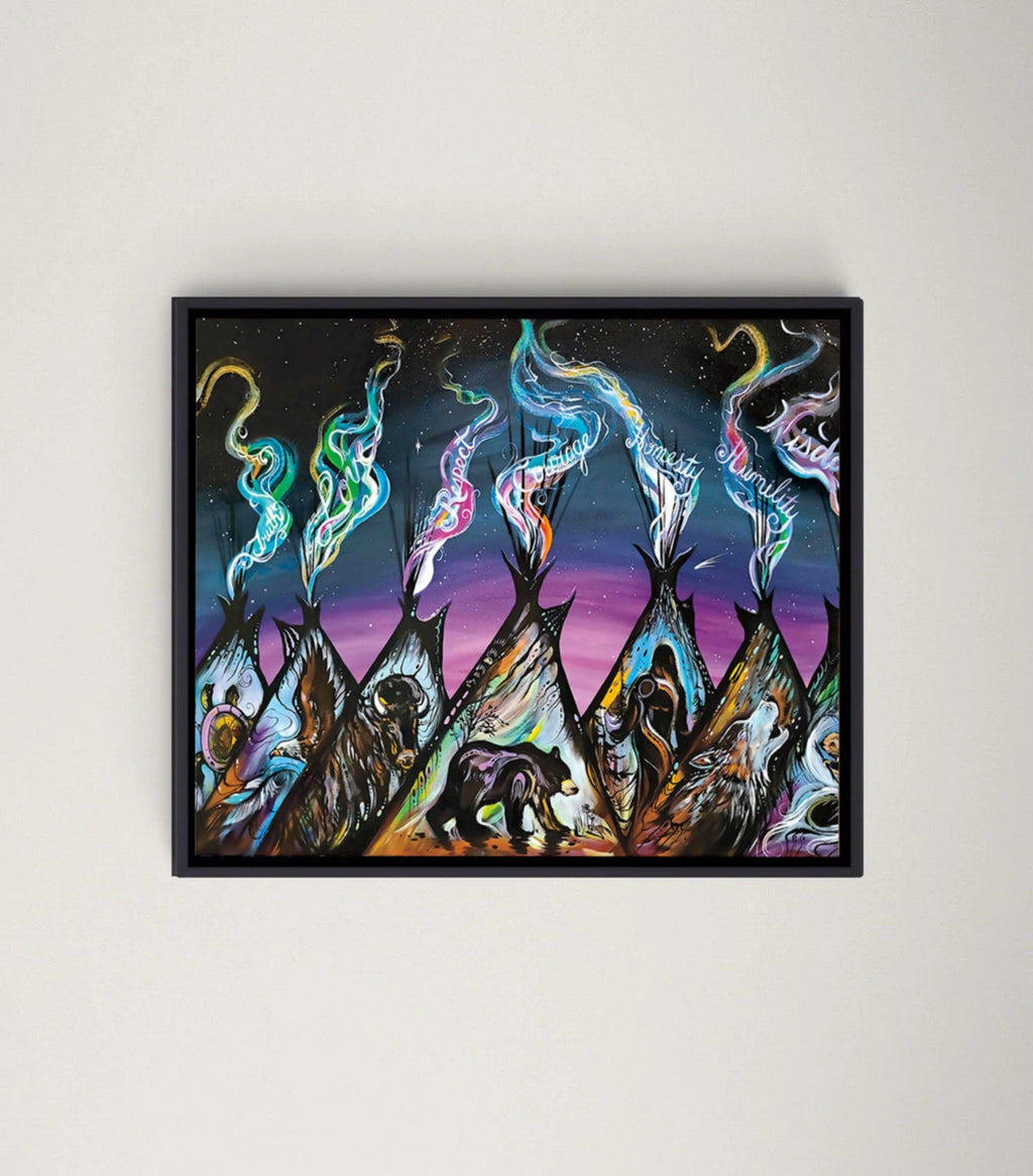Édition limitée sur toile, Sept tipis sacrés par Carla Joseph, estampe d'art autochtone, Sept enseignements des grands-pères, Amérindiens, art encadré