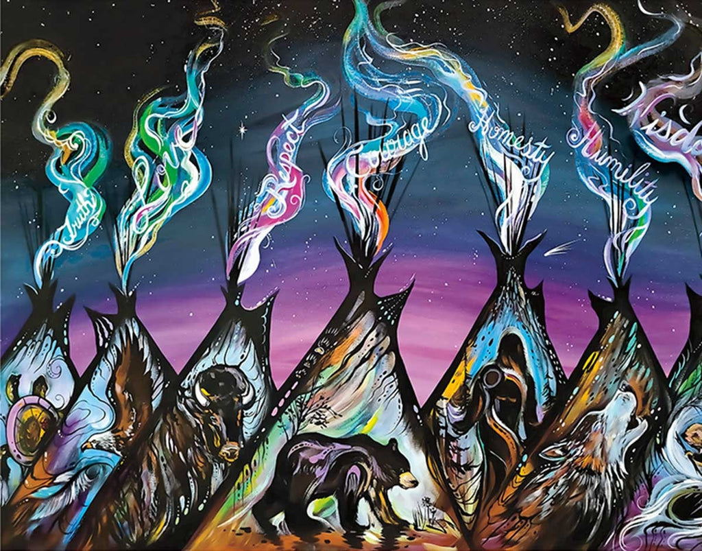 Édition limitée sur toile, Sept tipis sacrés par Carla Joseph, estampe d'art autochtone, Sept enseignements des grands-pères, Amérindiens, art encadré