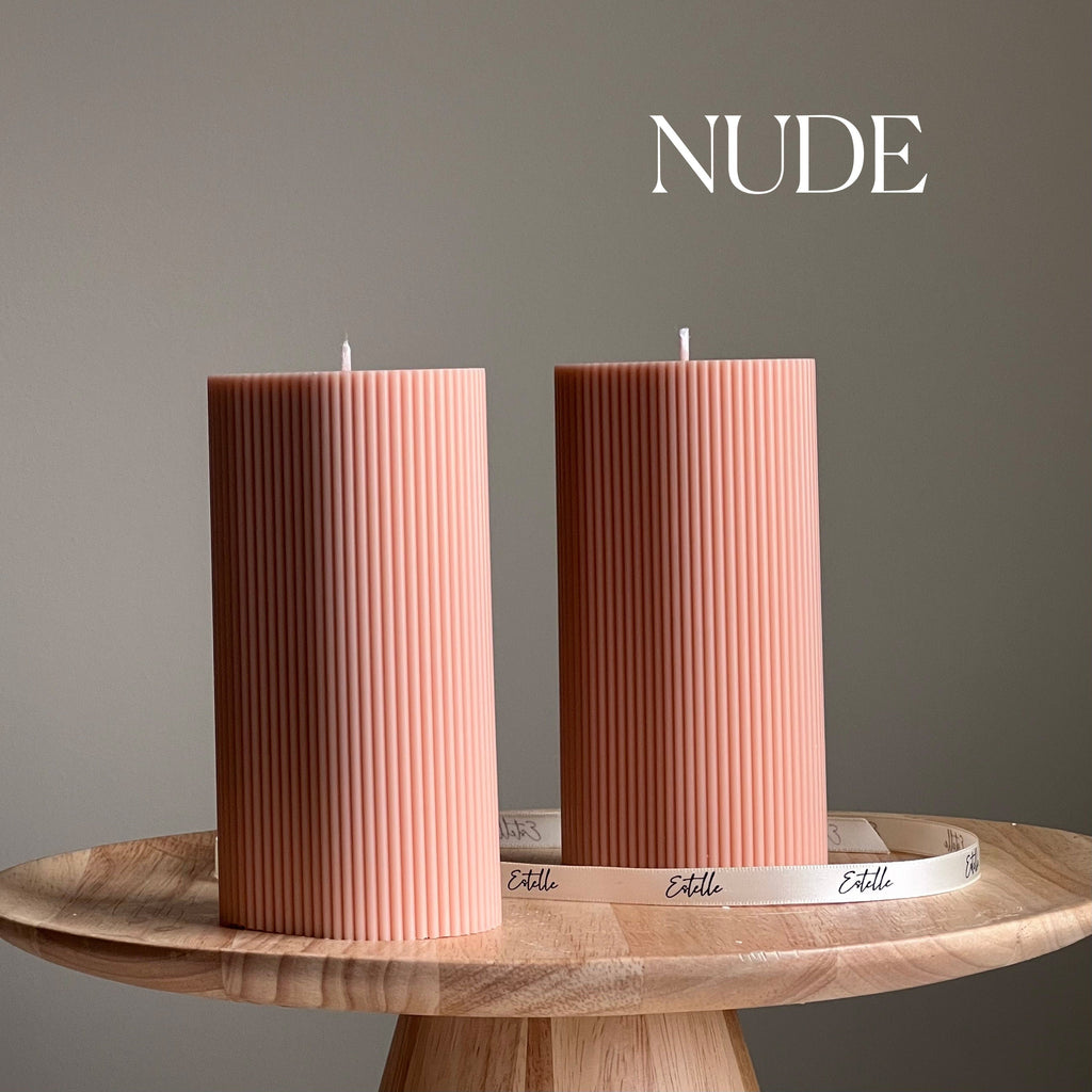 Handmade Ribbed Pillar Soy Wax Candle | Unscented Decorative Candle
