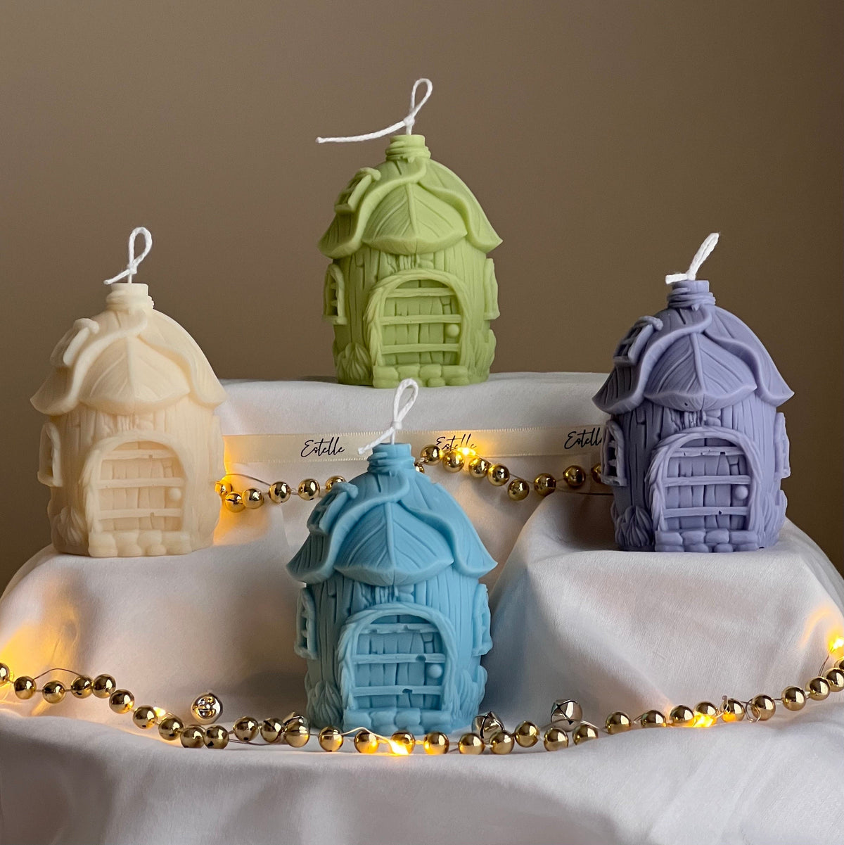 Chandelle maison-feuille en soya : cadeau décoratif de Noël fait main