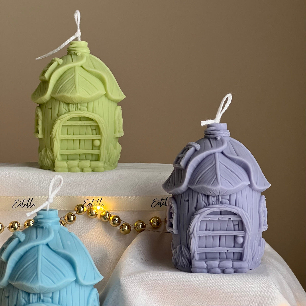 Chandelle maison-feuille en soya : cadeau décoratif de Noël fait main