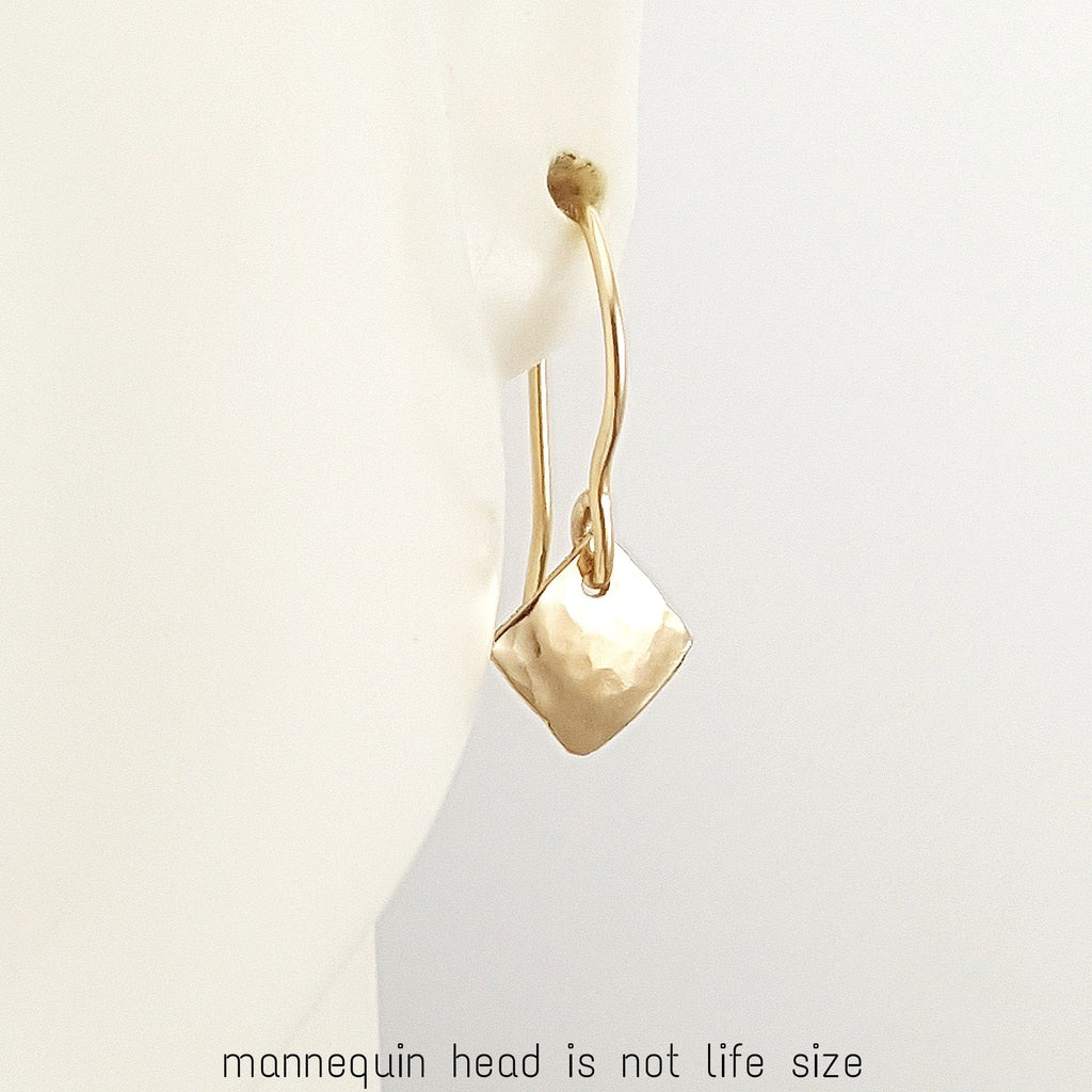 Hammered 14k Gold Square Dangle Earrings: Minimalist Tiny Gold Jewelry