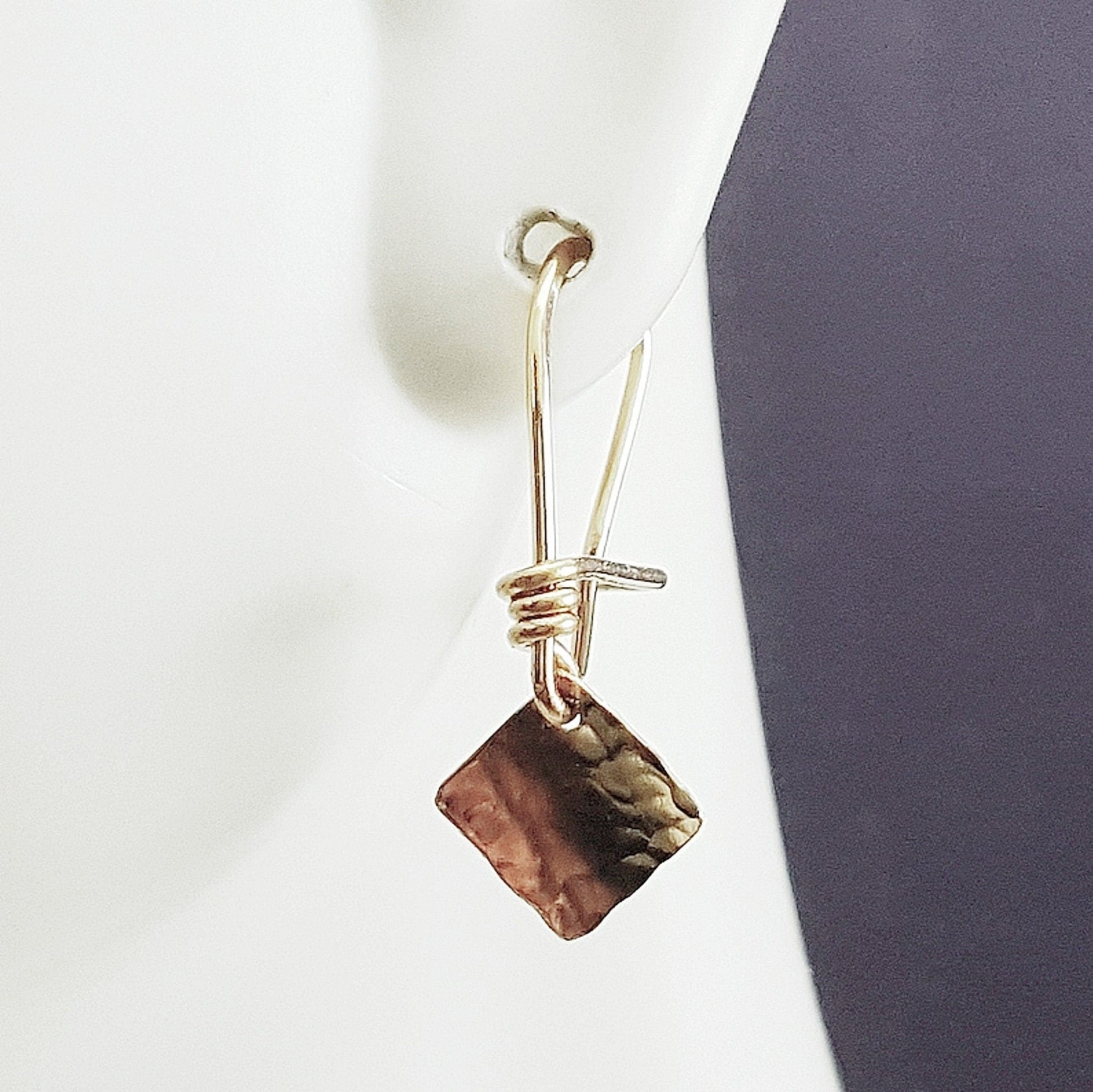 Hammered 14k Gold Square Dangle Earrings: Minimalist Tiny Gold Jewelry