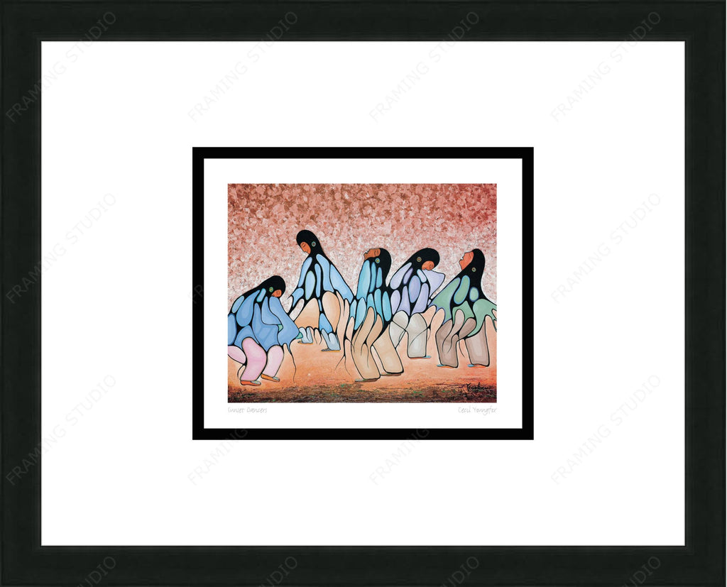 Danseurs du coucher de soleil par Cecil Youngfox, carte d'art encadrée, art autochtone