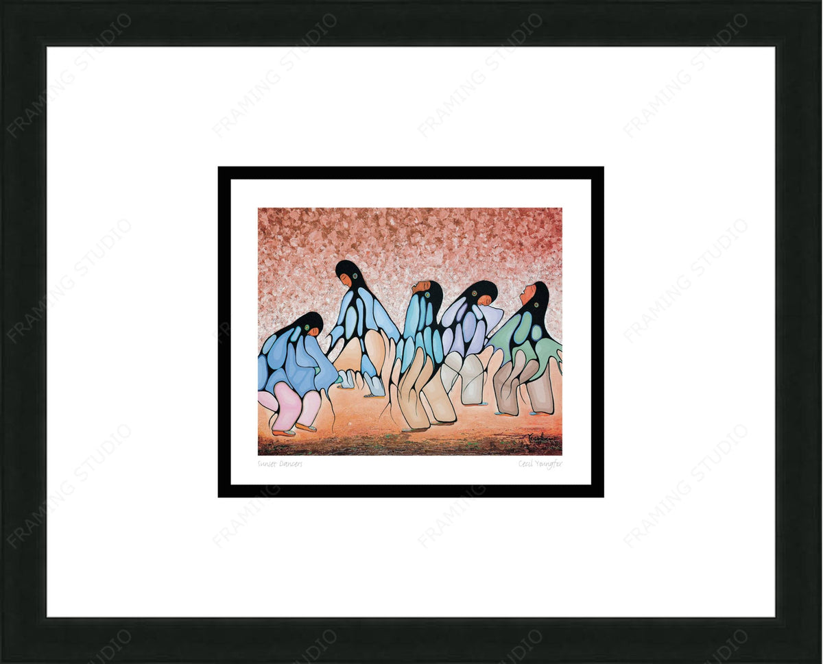 Danseurs du coucher de soleil par Cecil Youngfox, carte d'art encadrée, art autochtone