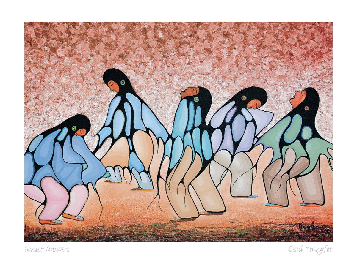 Danseurs du coucher de soleil par Cecil Youngfox, carte d'art encadrée, art autochtone