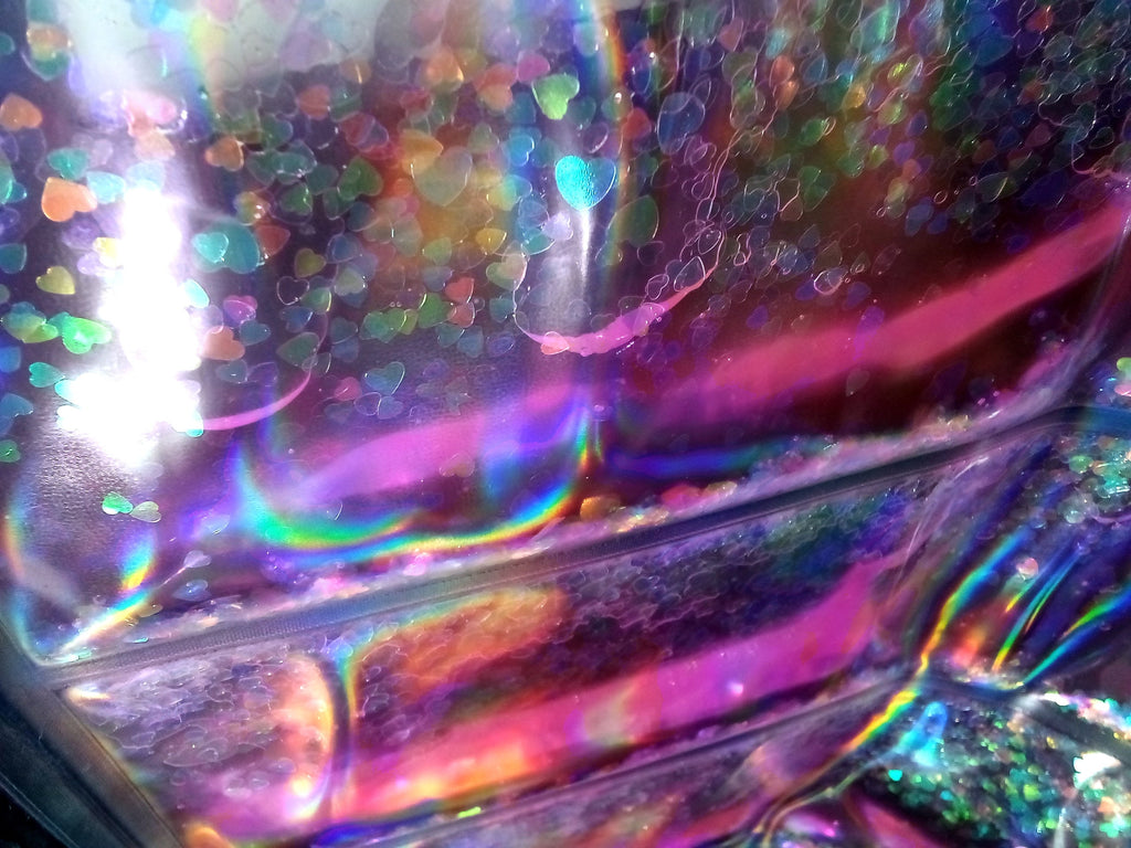 Liquid Glitter Love Tote Bag. Oversized Holographic Practical Laser Handbag with Pink & Iridescent Heart shimmer. Aurora Colours. Romantic !