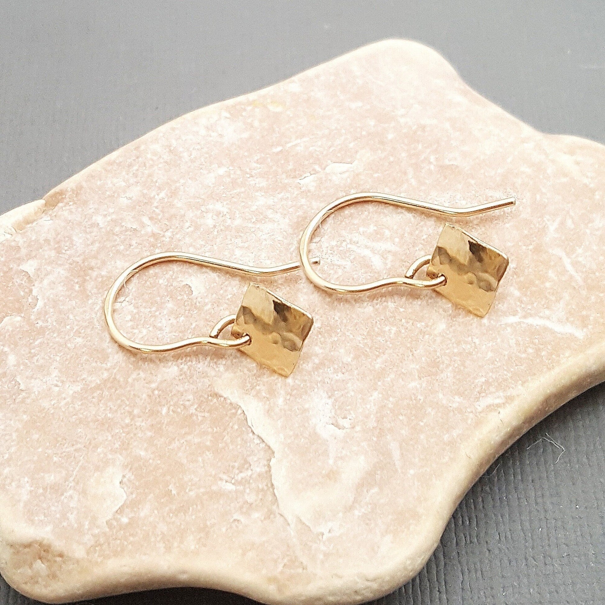 Hammered 14k Gold Square Dangle Earrings: Minimalist Tiny Gold Jewelry