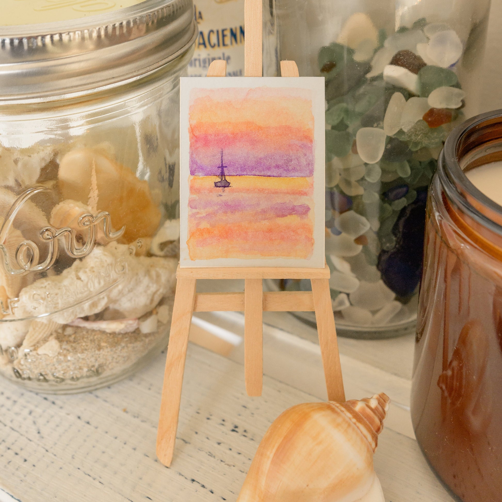 Petit tableau de coucher de soleil | Peinture nautique | Peinture originale | Pièce unique