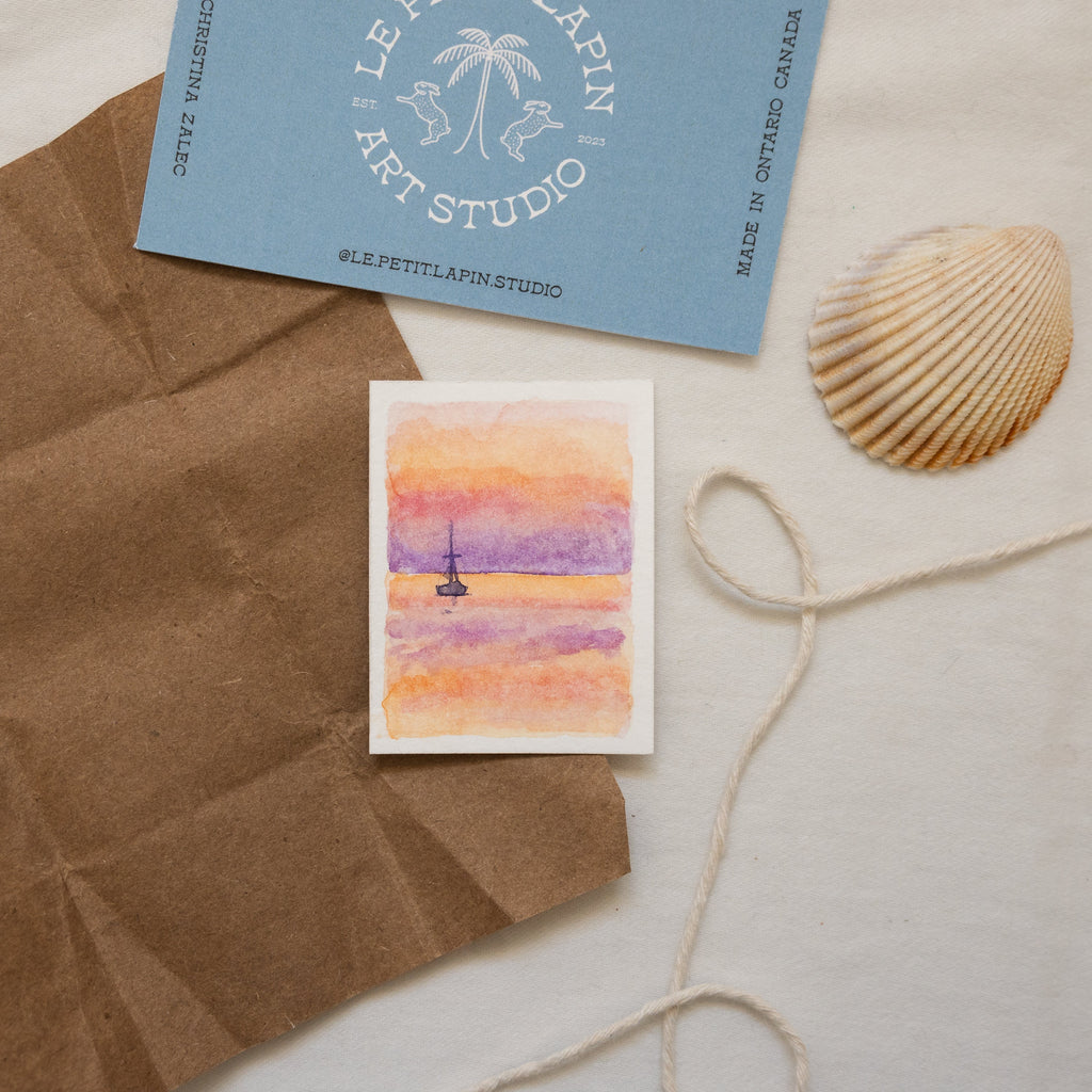 Petit tableau de coucher de soleil | Peinture nautique | Peinture originale | Pièce unique