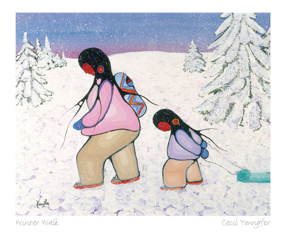 Winter Walk par Cecil Youngfox, carte d'art encadrée, art autochtone
