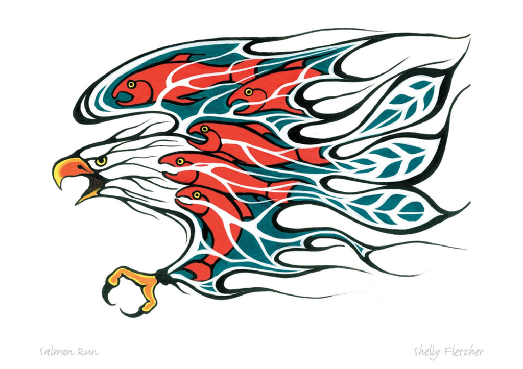 Remontée du saumon par Shelly Fletcher, carte d'art encadrée, art autochtone